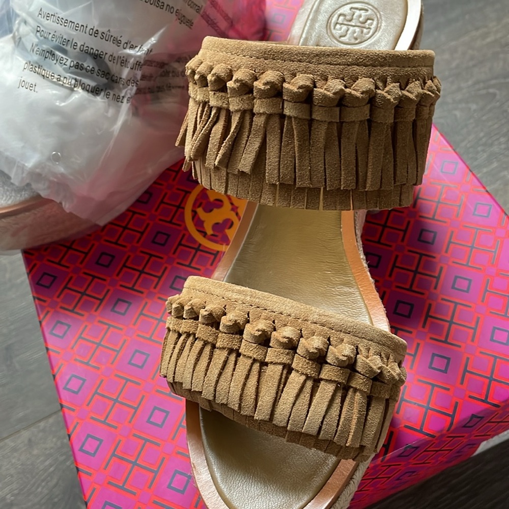 NWT Tory Burch Suede Tan Fringe Espadrille Slides Size 11